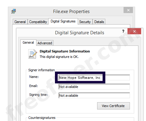Screenshot of the New Hope Software, Inc certificate